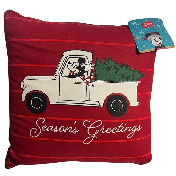 Disney Holiday Decor Pillow Mickey Mouse Season's Greetings Christmas Truck 16in - Picture 1 of 8